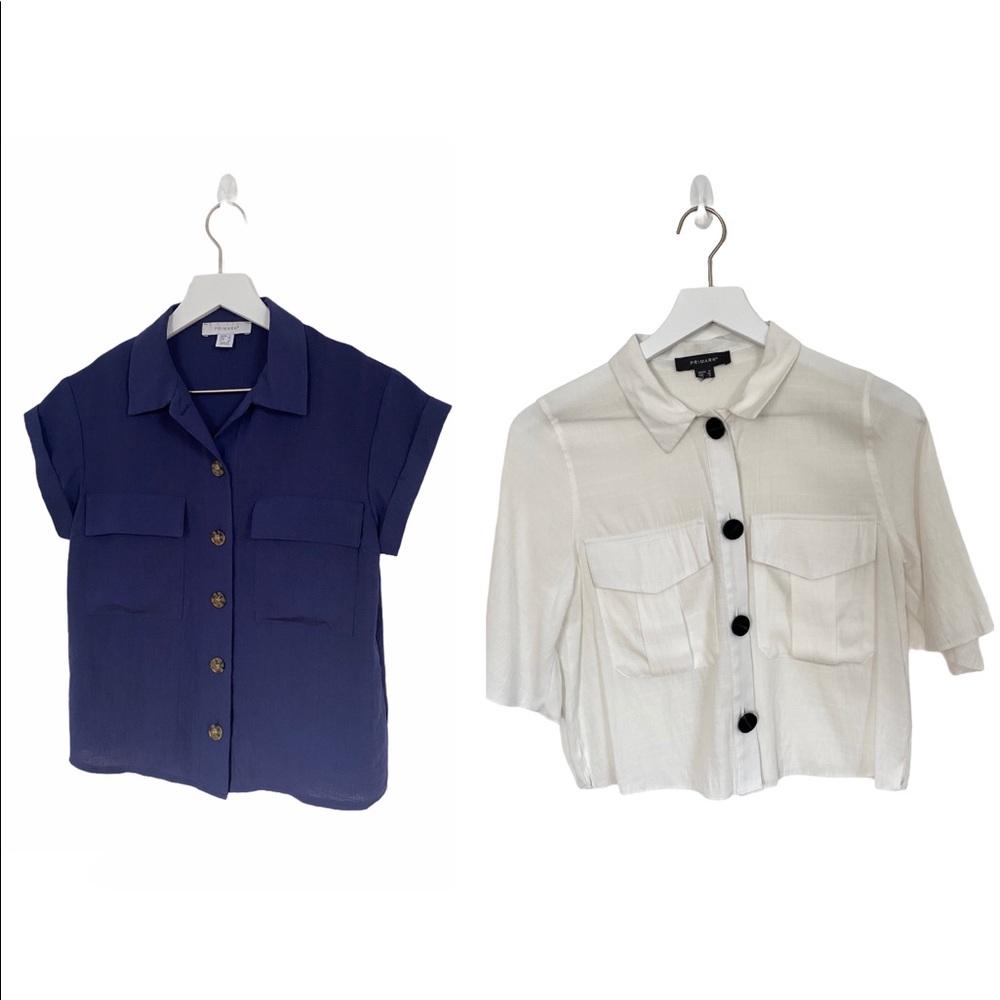 2 Short sleeve boxy button-up shirt white blue S